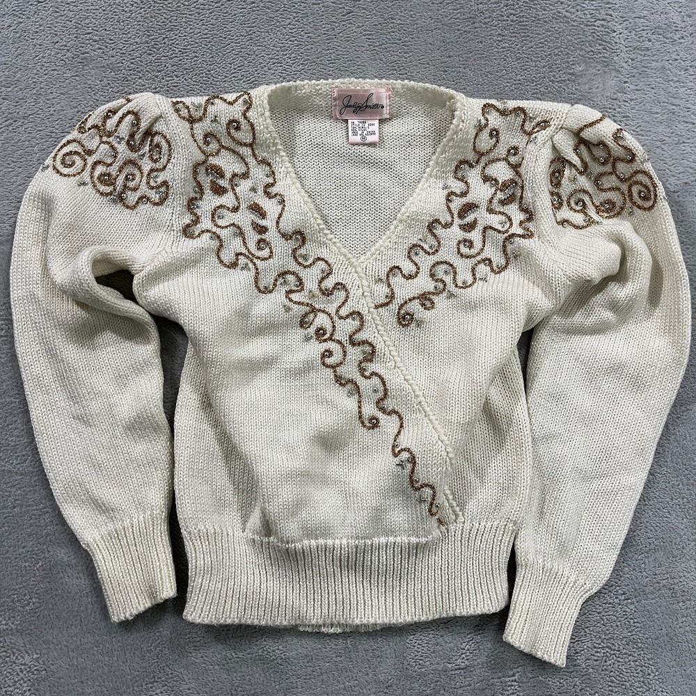 VTG Jaclyn Smith Sweater Women's M Ivory Gold Embellished Metallic Beaded V Neck